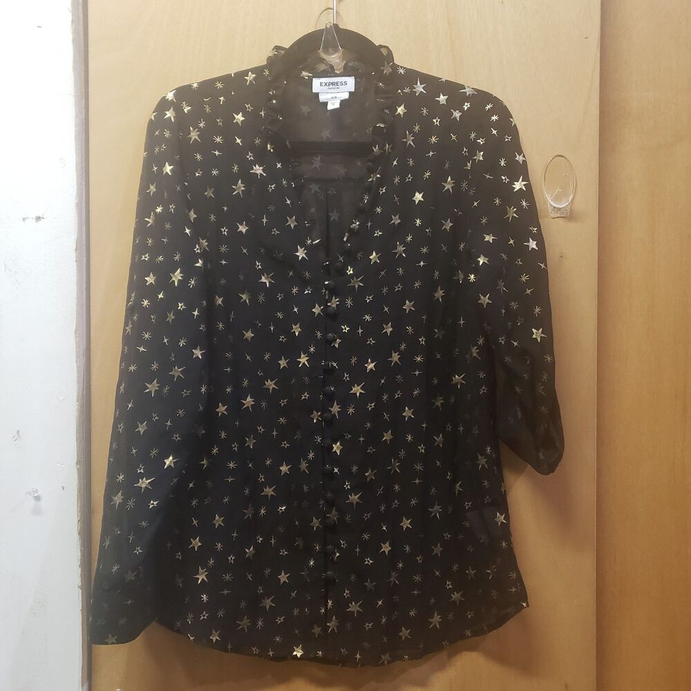 Express Portofino Slim Black mesh long sleeve Button down w all over gold stars